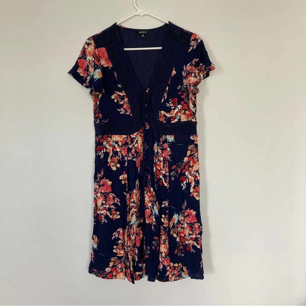 Torrid Navy Floral V-Neck Short Sleeve Dress